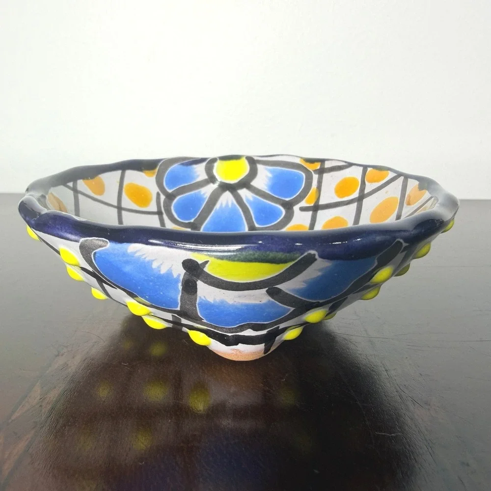 Vintage Hand Painted Ceramic‎ Trinket Dish Floral Boho Decor Small Pottery Dish
